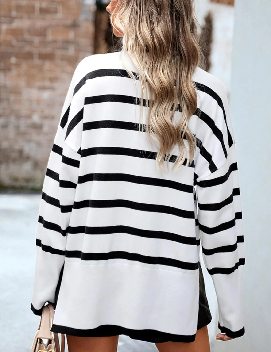 HangNiFang Women Striped Sweater Turtleneck Oversized Baggy Long Sleeve Knitted Pullover Sweater Tops