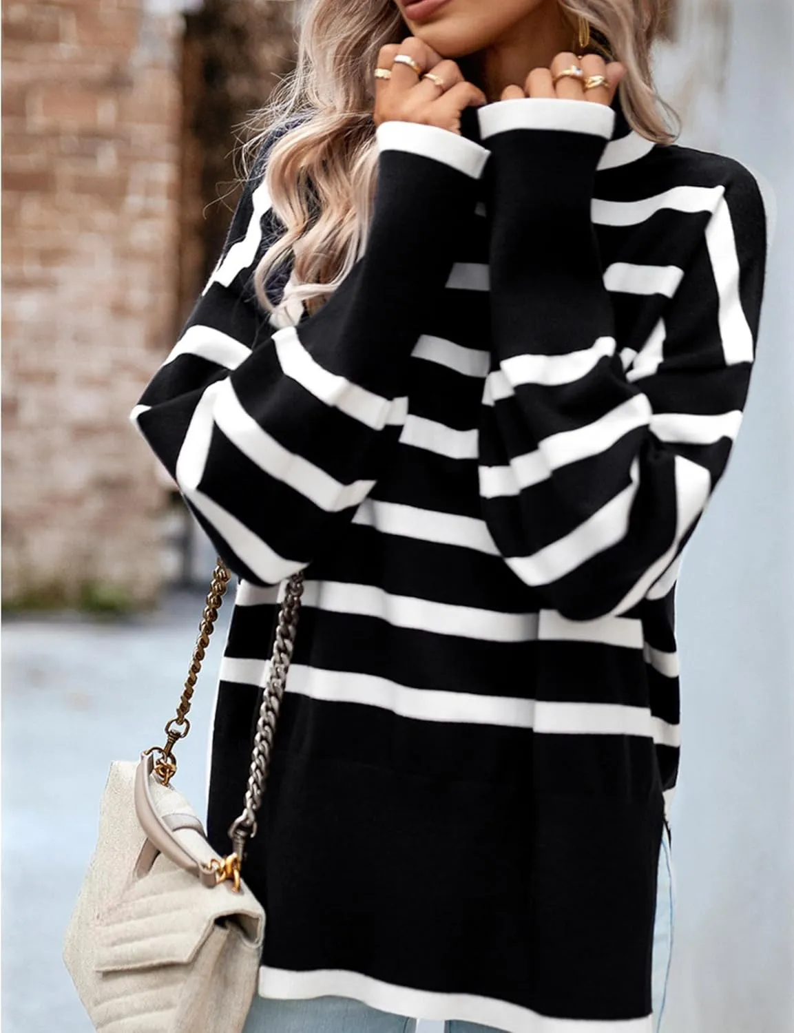 HangNiFang Women Striped Sweater Turtleneck Oversized Baggy Long Sleeve Knitted Pullover Sweater Tops
