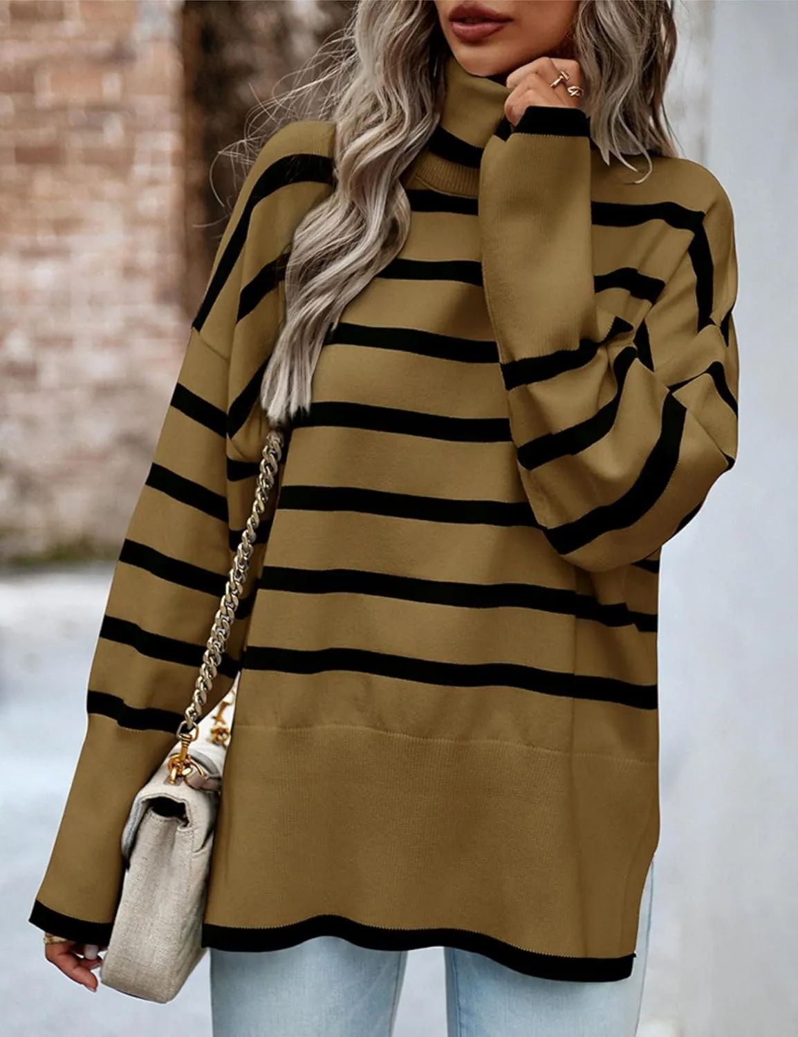 HangNiFang Women Striped Sweater Turtleneck Oversized Baggy Long Sleeve Knitted Pullover Sweater Tops
