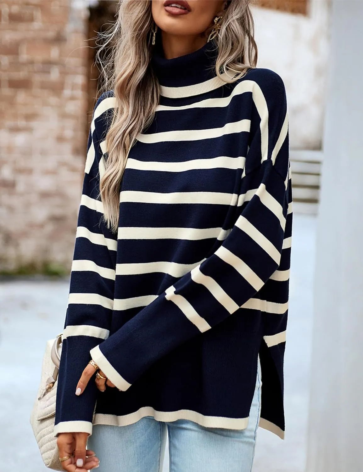 HangNiFang Women Striped Sweater Turtleneck Oversized Baggy Long Sleeve Knitted Pullover Sweater Tops