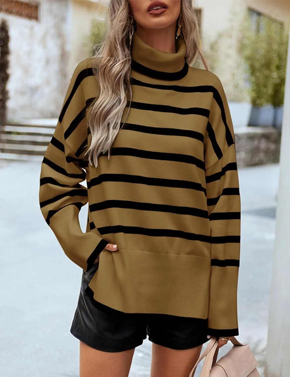HangNiFang Women Striped Sweater Turtleneck Oversized Baggy Long Sleeve Knitted Pullover Sweater Tops