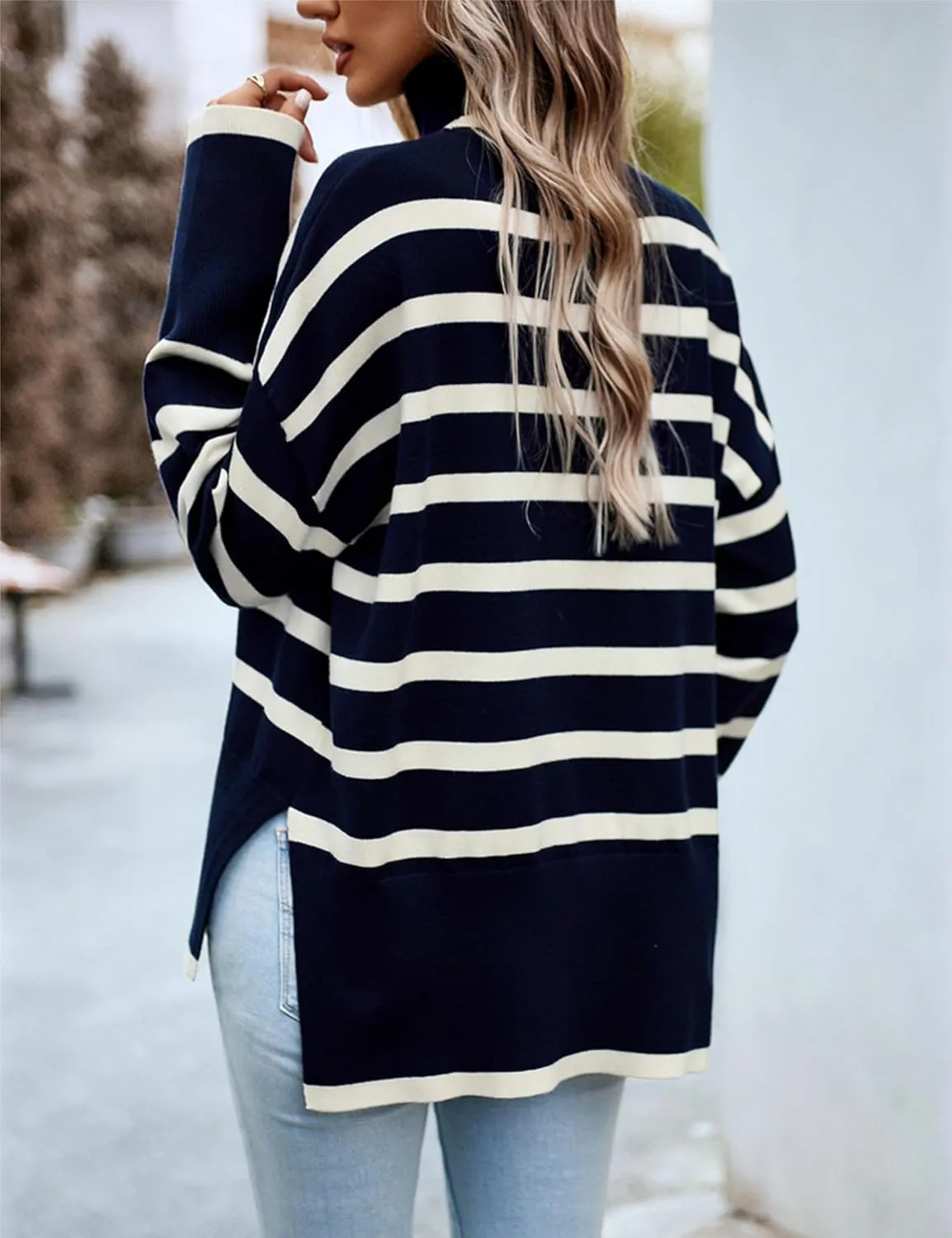 HangNiFang Women Striped Sweater Turtleneck Oversized Baggy Long Sleeve Knitted Pullover Sweater Tops