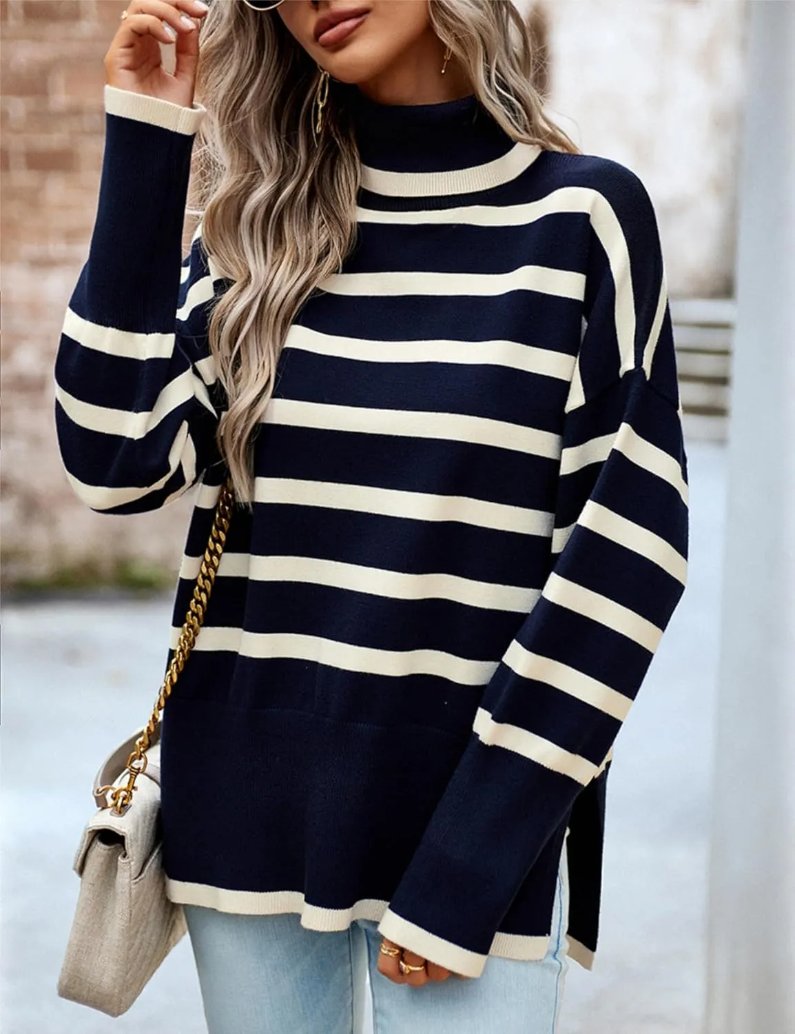 HangNiFang Women Striped Sweater Turtleneck Oversized Baggy Long Sleeve Knitted Pullover Sweater Tops
