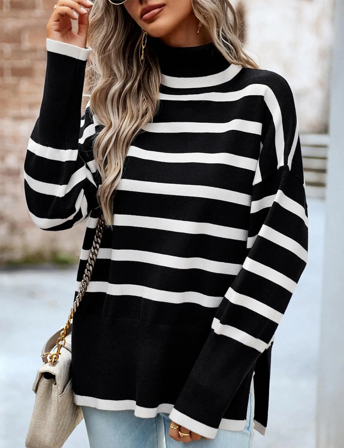 HangNiFang Women Striped Sweater Turtleneck Oversized Baggy Long Sleeve Knitted Pullover Sweater Tops