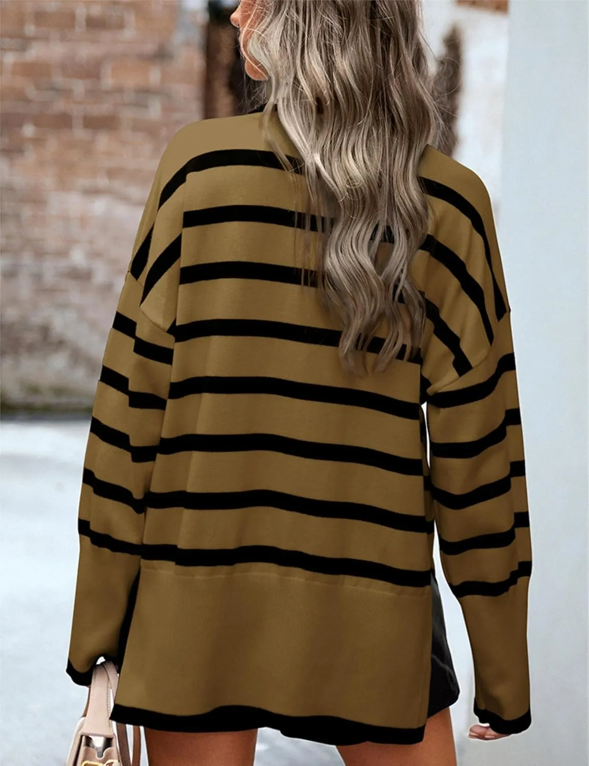 HangNiFang Women Striped Sweater Turtleneck Oversized Baggy Long Sleeve Knitted Pullover Sweater Tops