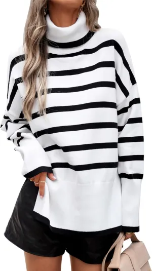 HangNiFang Women Striped Sweater Turtleneck Oversized Baggy Long Sleeve Knitted Pullover Sweater Tops