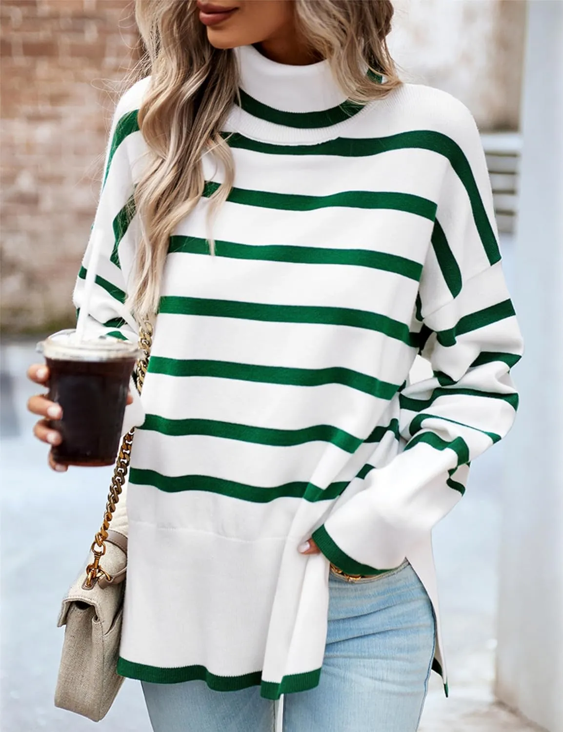 HangNiFang Women Striped Sweater Turtleneck Oversized Baggy Long Sleeve Knitted Pullover Sweater Tops