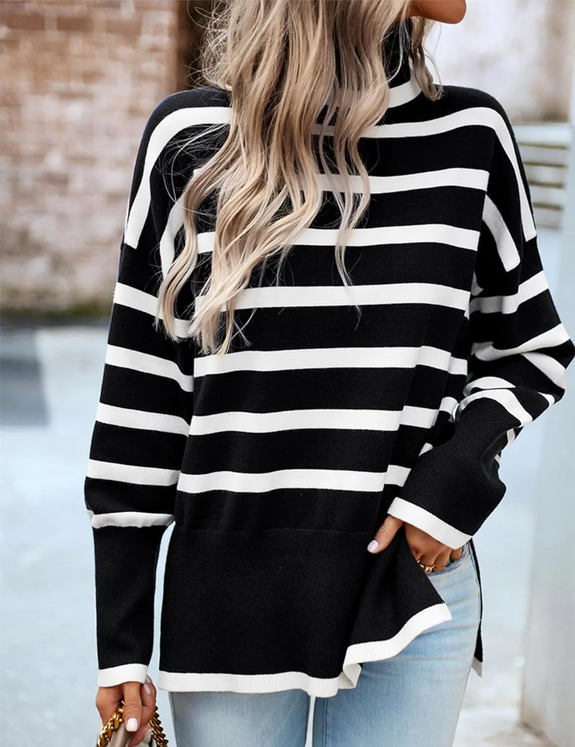 HangNiFang Women Striped Sweater Turtleneck Oversized Baggy Long Sleeve Knitted Pullover Sweater Tops