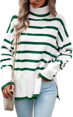 HangNiFang Women Striped Sweater Turtleneck Oversized Baggy Long Sleeve Knitted Pullover Sweater Tops