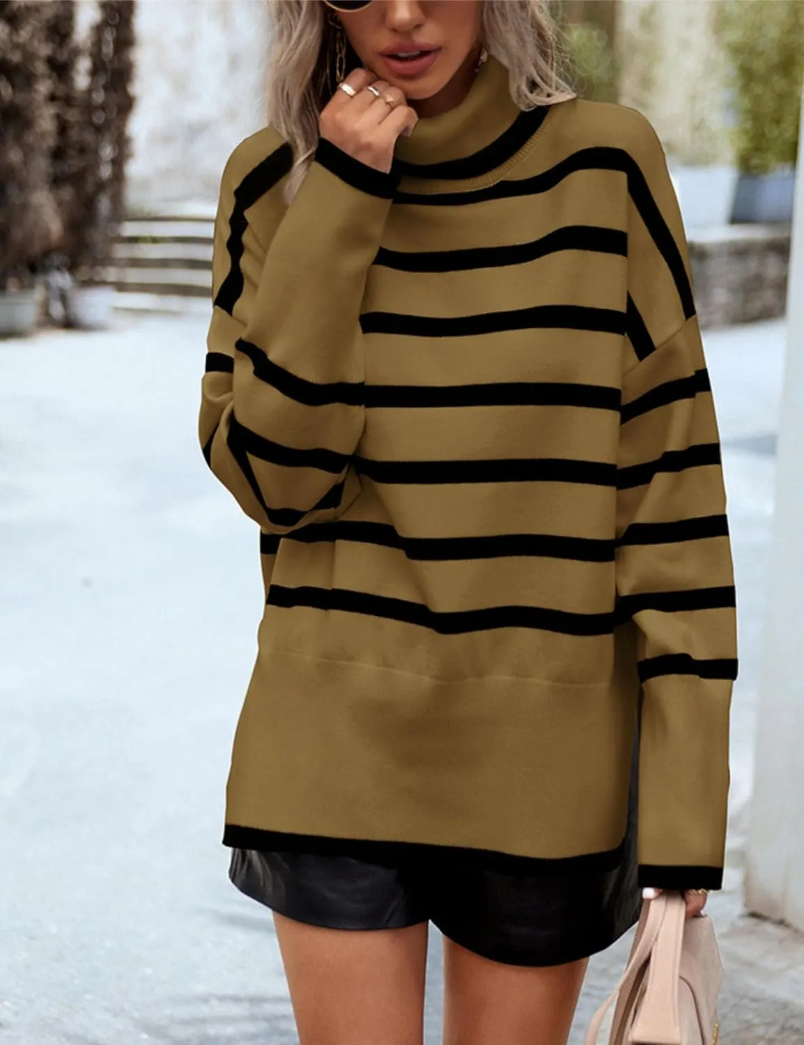 HangNiFang Women Striped Sweater Turtleneck Oversized Baggy Long Sleeve Knitted Pullover Sweater Tops