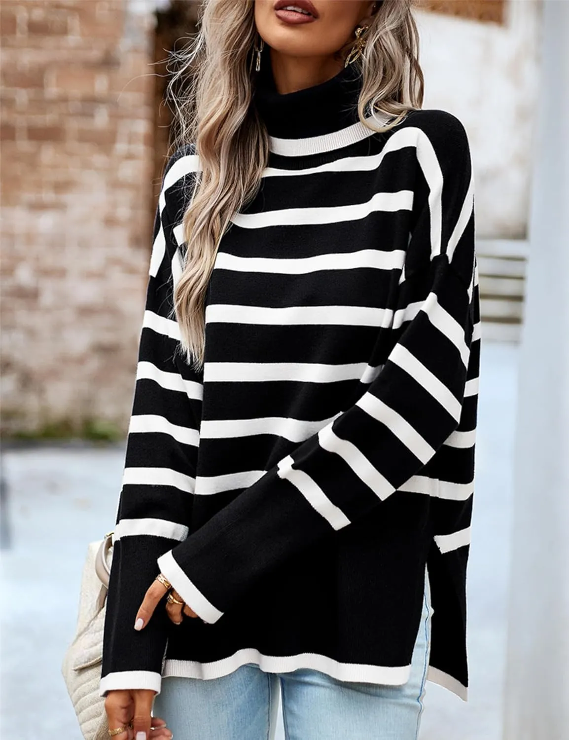 HangNiFang Women Striped Sweater Turtleneck Oversized Baggy Long Sleeve Knitted Pullover Sweater Tops