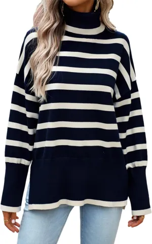 HangNiFang Women Striped Sweater Turtleneck Oversized Baggy Long Sleeve Knitted Pullover Sweater Tops