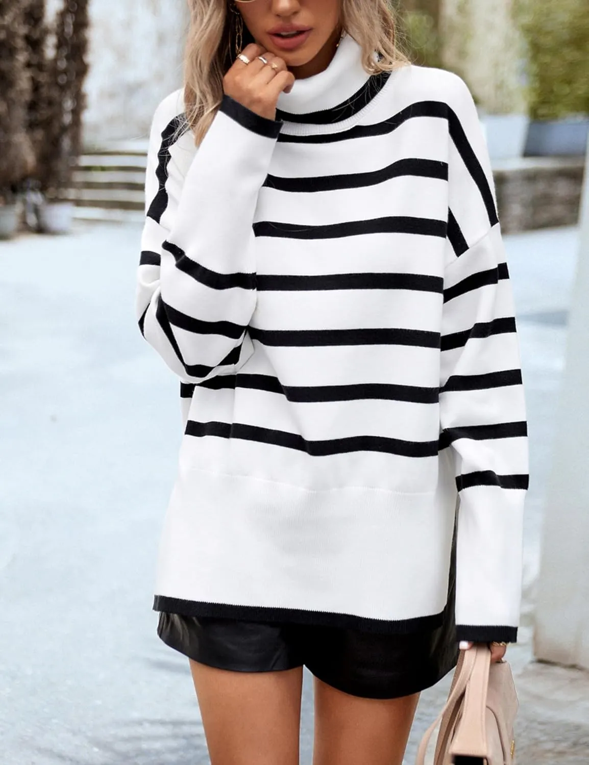 HangNiFang Women Striped Sweater Turtleneck Oversized Baggy Long Sleeve Knitted Pullover Sweater Tops