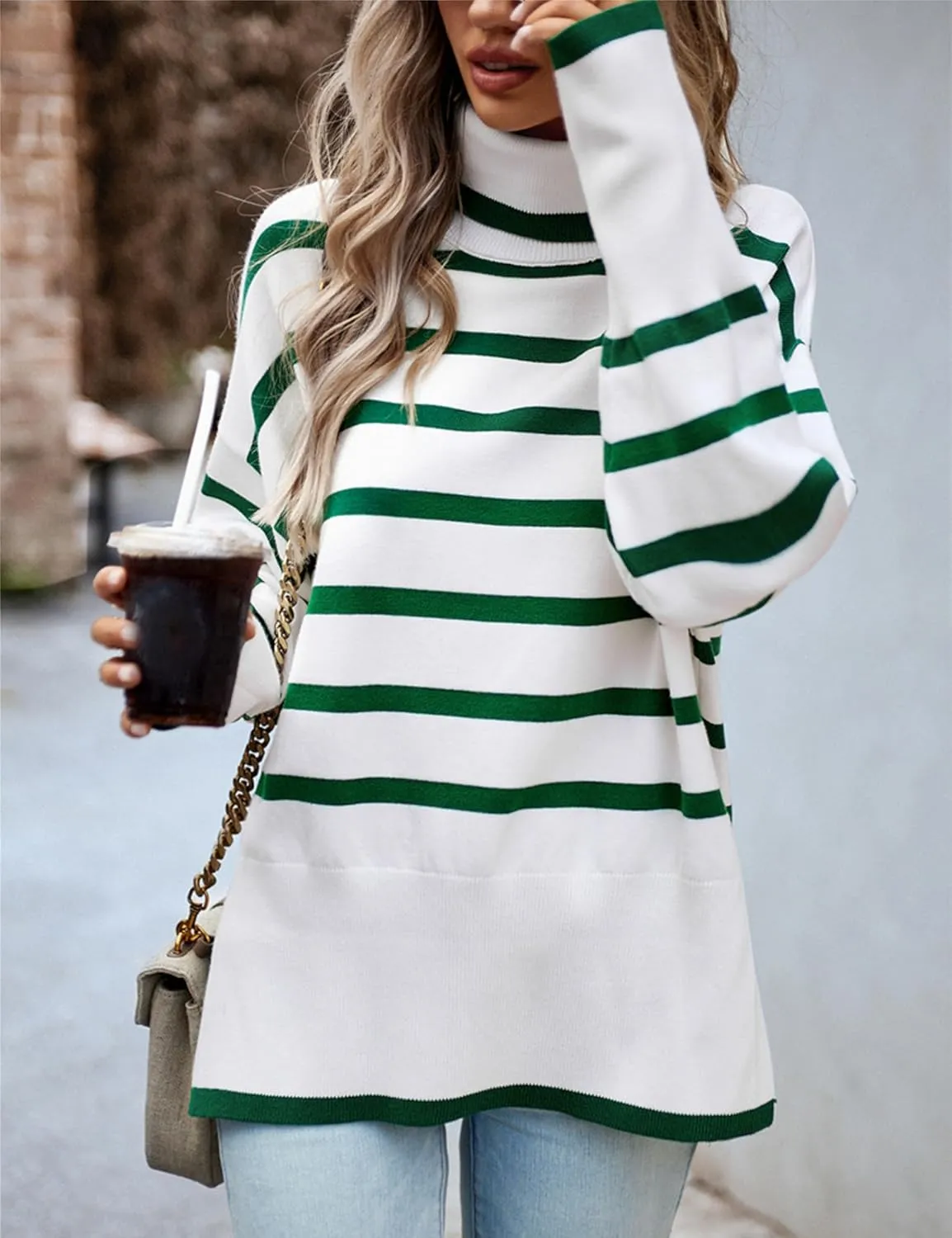 HangNiFang Women Striped Sweater Turtleneck Oversized Baggy Long Sleeve Knitted Pullover Sweater Tops