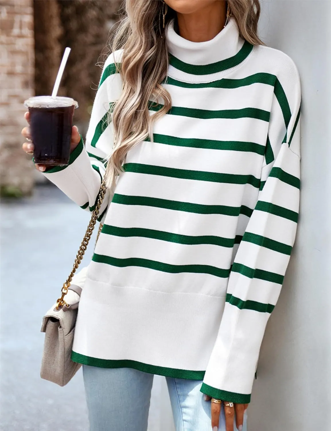 HangNiFang Women Striped Sweater Turtleneck Oversized Baggy Long Sleeve Knitted Pullover Sweater Tops