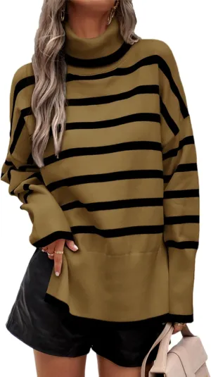 HangNiFang Women Striped Sweater Turtleneck Oversized Baggy Long Sleeve Knitted Pullover Sweater Tops
