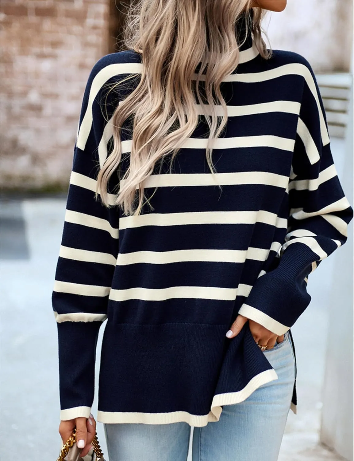 HangNiFang Women Striped Sweater Turtleneck Oversized Baggy Long Sleeve Knitted Pullover Sweater Tops