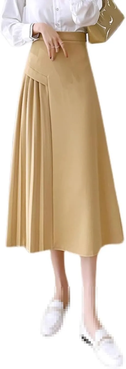 High-Waist Pleated Skirt for Women,Spring,mid-Length Office A-line Flared Skirt