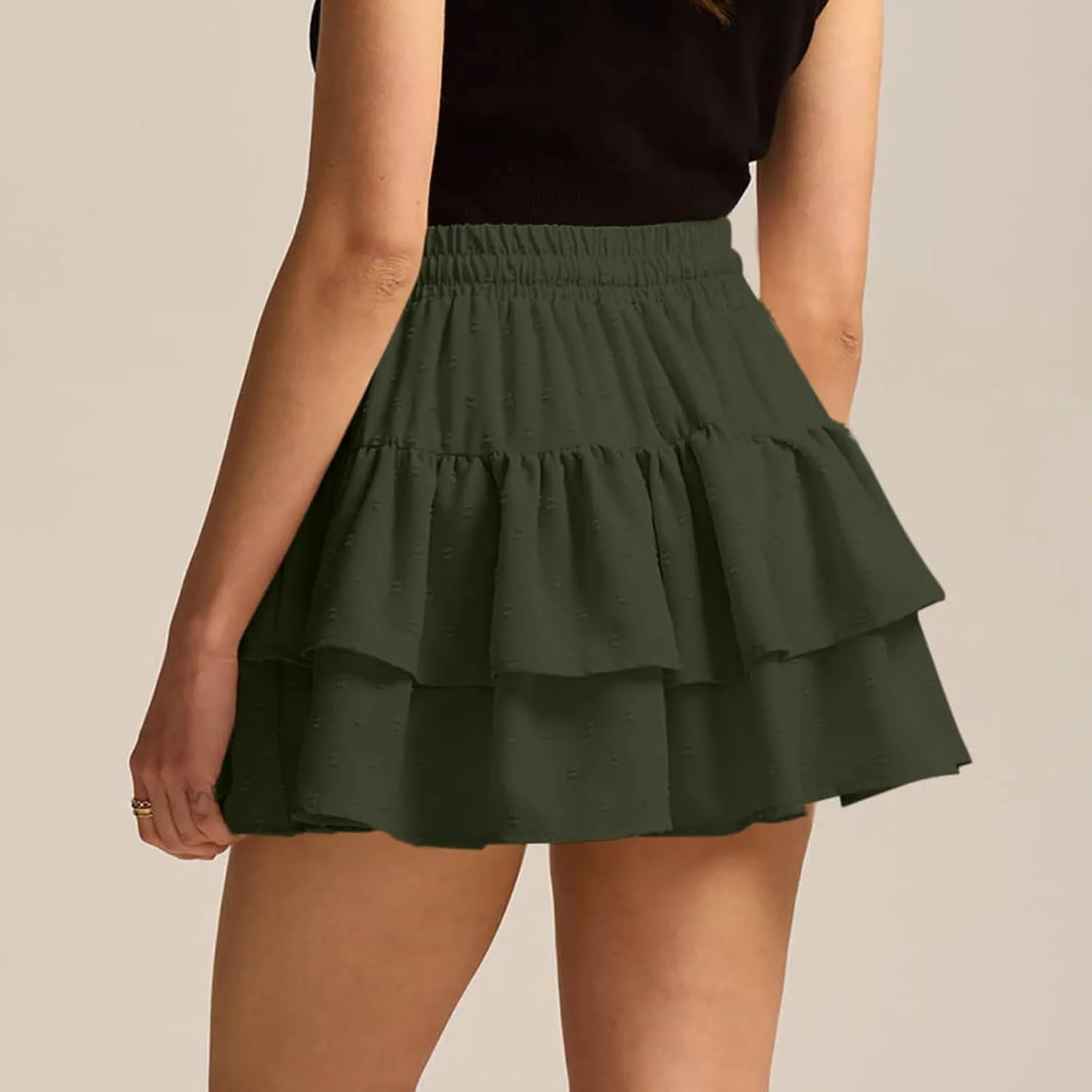 High Waist Ruffle Flowy Mini Skirts for Women Elastic Waist Solid Lined Layered Pleated Bow Vacation Short Skirt