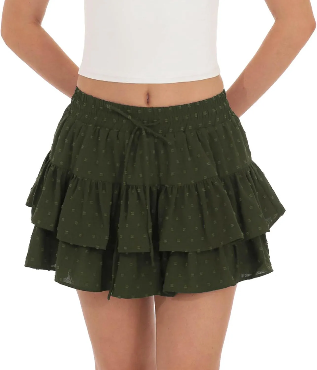 High Waist Ruffle Flowy Mini Skirts for Women Elastic Waist Solid Lined Layered Pleated Bow Vacation Short Skirt