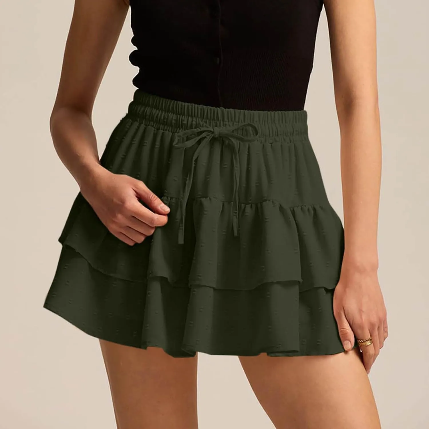 High Waist Ruffle Flowy Mini Skirts for Women Elastic Waist Solid Lined Layered Pleated Bow Vacation Short Skirt