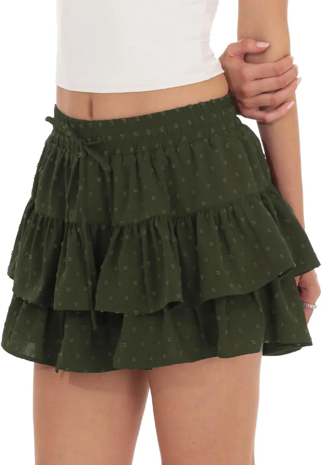 High Waist Ruffle Flowy Mini Skirts for Women Elastic Waist Solid Lined Layered Pleated Bow Vacation Short Skirt