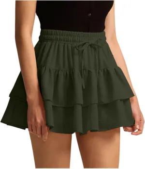High Waist Ruffle Flowy Mini Skirts for Women Elastic Waist Solid Lined Layered Pleated Bow Vacation Short Skirt