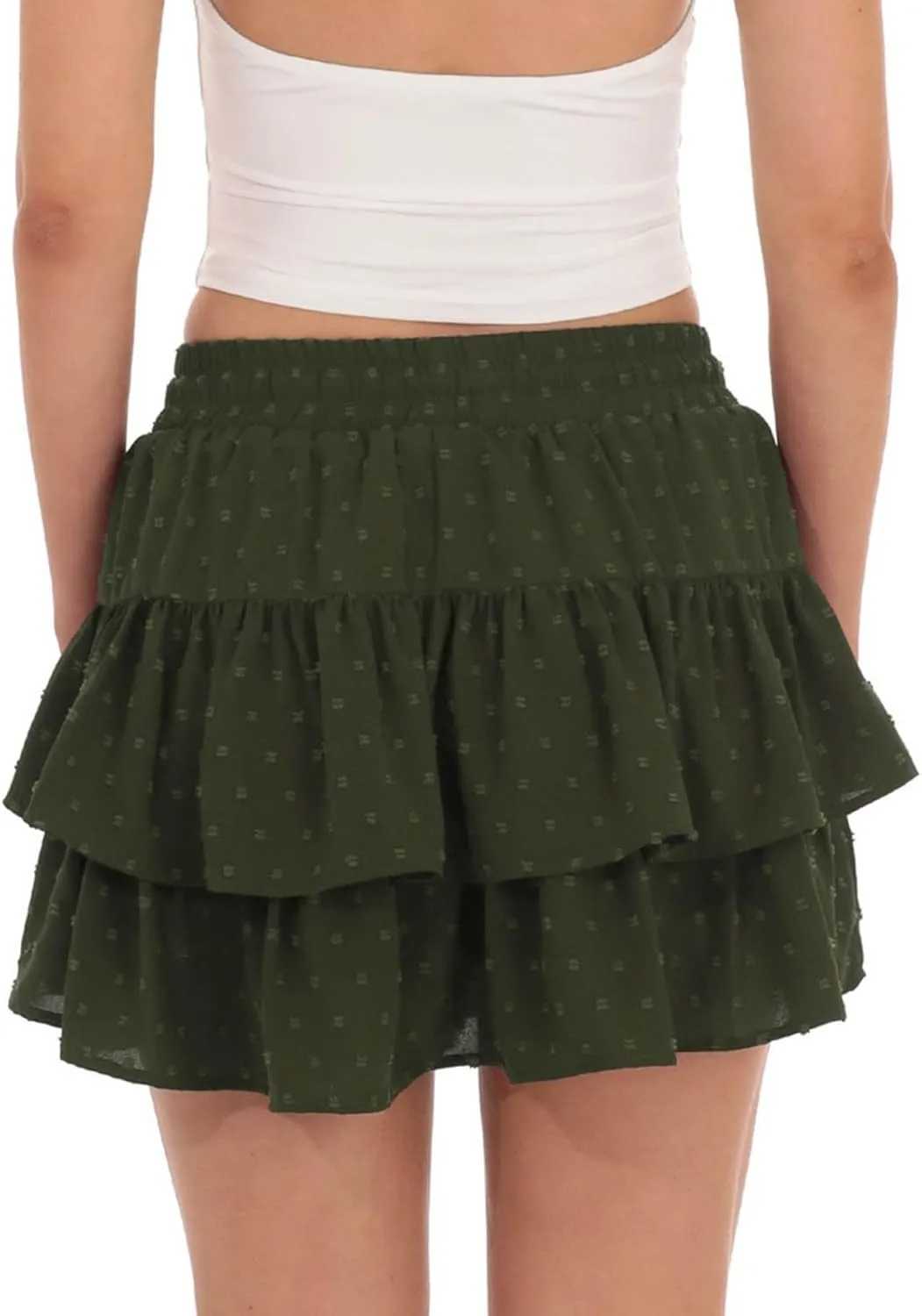High Waist Ruffle Flowy Mini Skirts for Women Elastic Waist Solid Lined Layered Pleated Bow Vacation Short Skirt