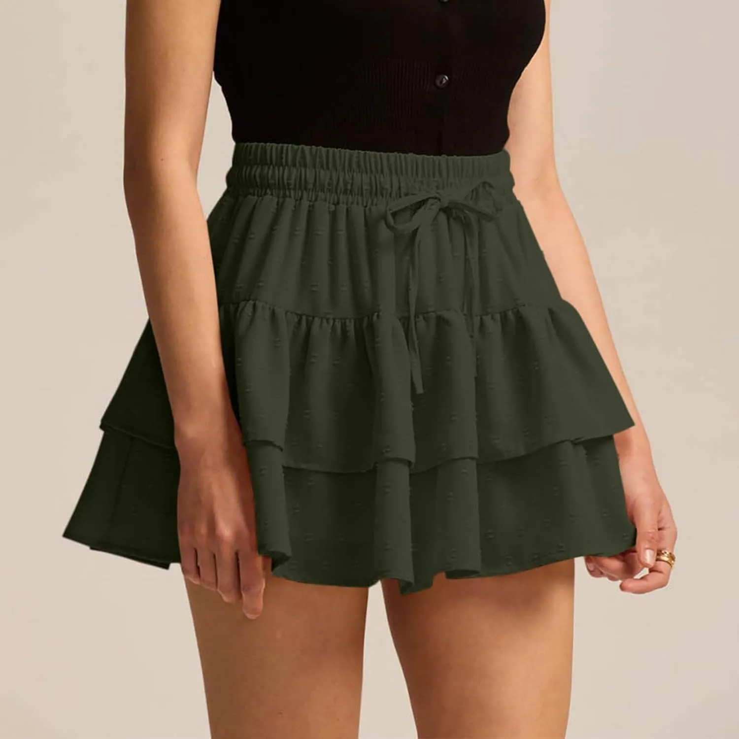 High Waist Ruffle Flowy Mini Skirts for Women Elastic Waist Solid Lined Layered Pleated Bow Vacation Short Skirt
