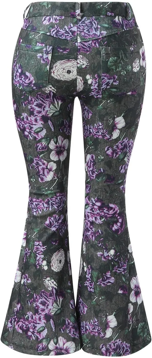 High Waisted Bell Bottom Jeans for Women Retro Floral Zipper Slim Wide Leg Bootcut Denim Pants Pull On Flare Jeans