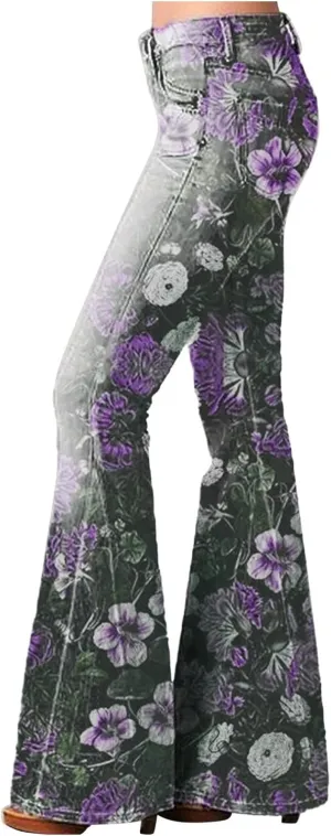 High Waisted Bell Bottom Jeans for Women Retro Floral Zipper Slim Wide Leg Bootcut Denim Pants Pull On Flare Jeans