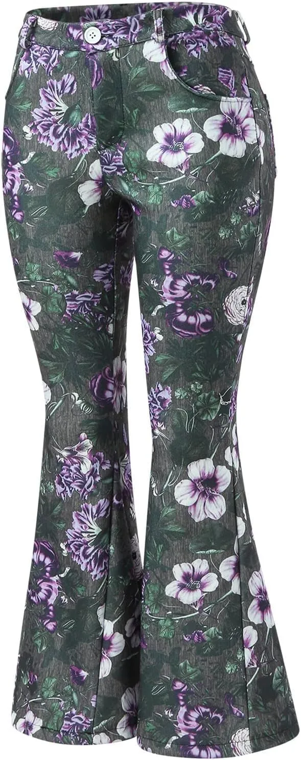 High Waisted Bell Bottom Jeans for Women Retro Floral Zipper Slim Wide Leg Bootcut Denim Pants Pull On Flare Jeans