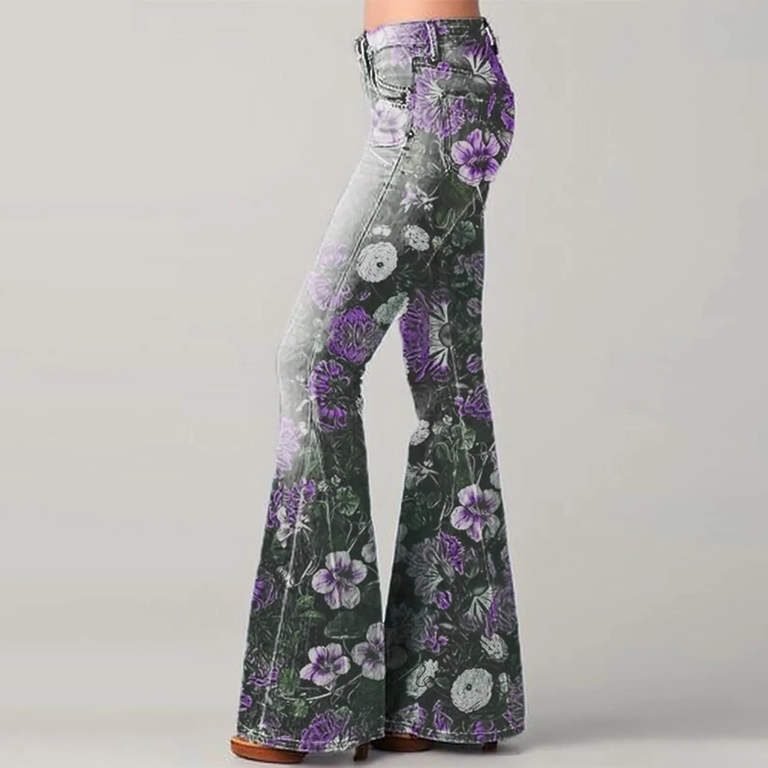 High Waisted Bell Bottom Jeans for Women Retro Floral Zipper Slim Wide Leg Bootcut Denim Pants Pull On Flare Jeans