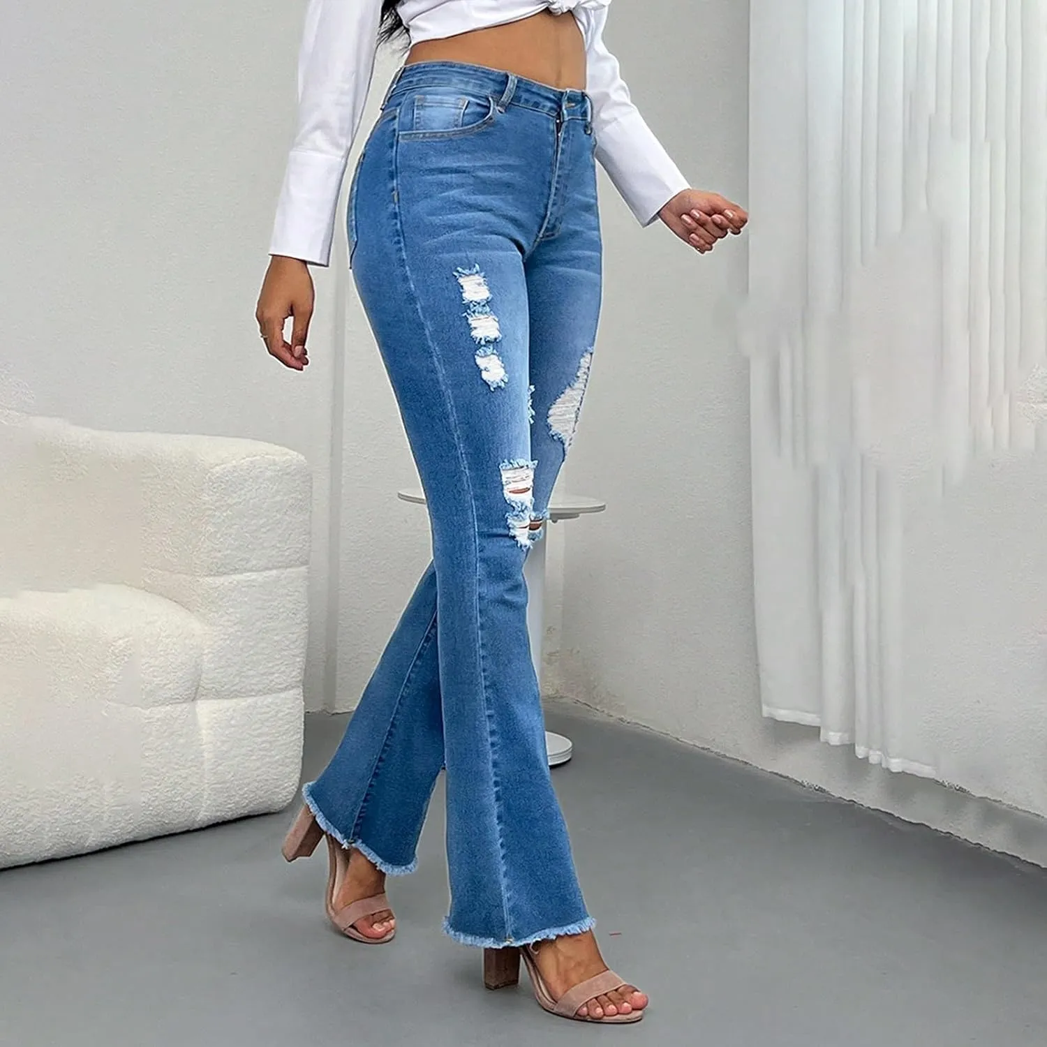High Waisted Flare Jeans for Women Stretchy Curvy Bell Bottom Jeans Raw Hem Distressed Denim Pants with Pockets