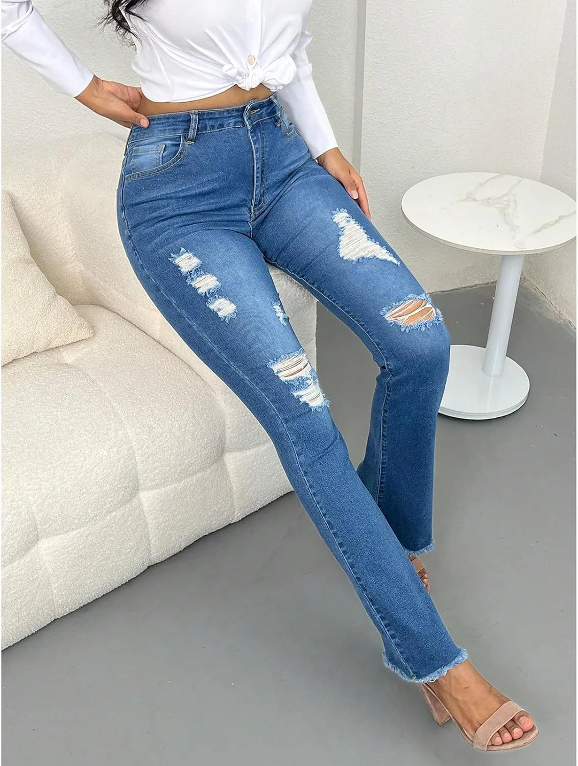 High Waisted Flare Jeans for Women Stretchy Curvy Bell Bottom Jeans Raw Hem Distressed Denim Pants with Pockets