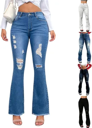 High Waisted Flare Jeans for Women Stretchy Curvy Bell Bottom Jeans Raw Hem Distressed Denim Pants with Pockets