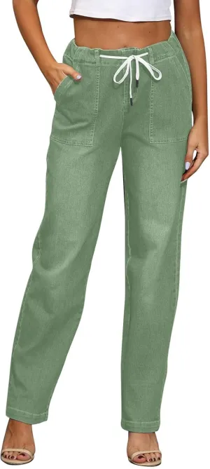 High Waisted Jeans for Women Elastic Waist Tie Jeans Washed Stretch Straight Leg Denim Pants