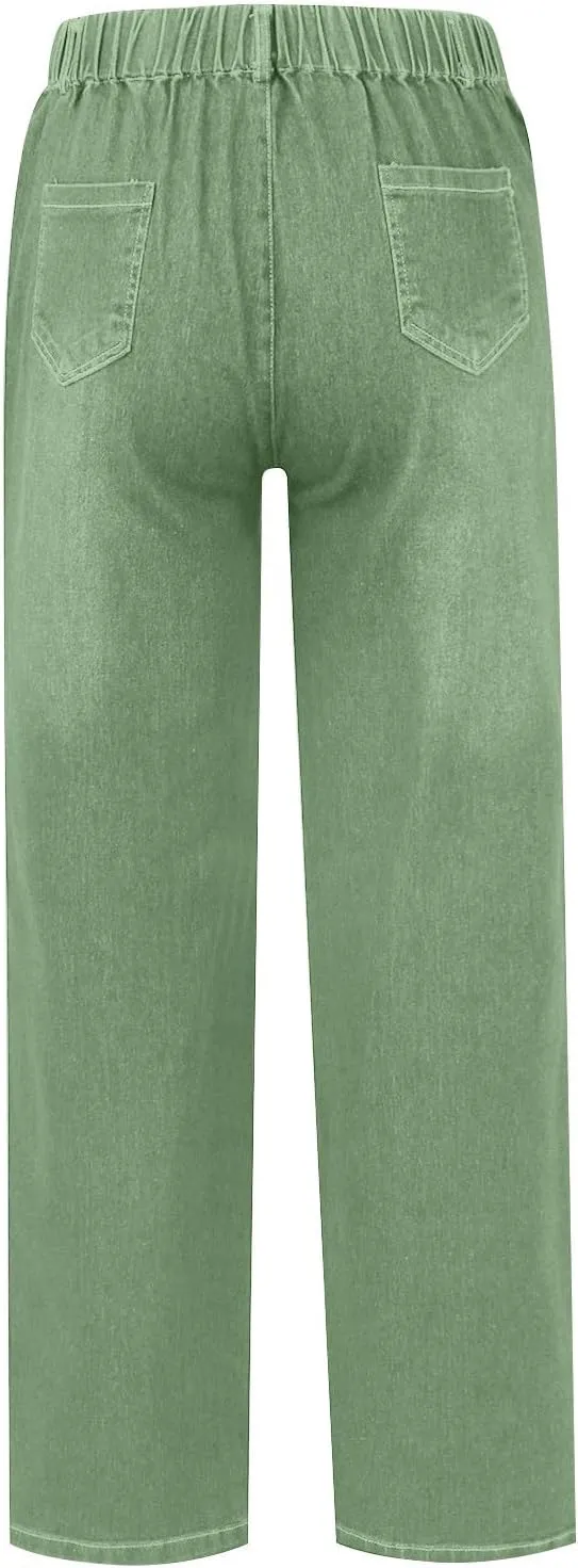 High Waisted Jeans for Women Elastic Waist Tie Jeans Washed Stretch Straight Leg Denim Pants