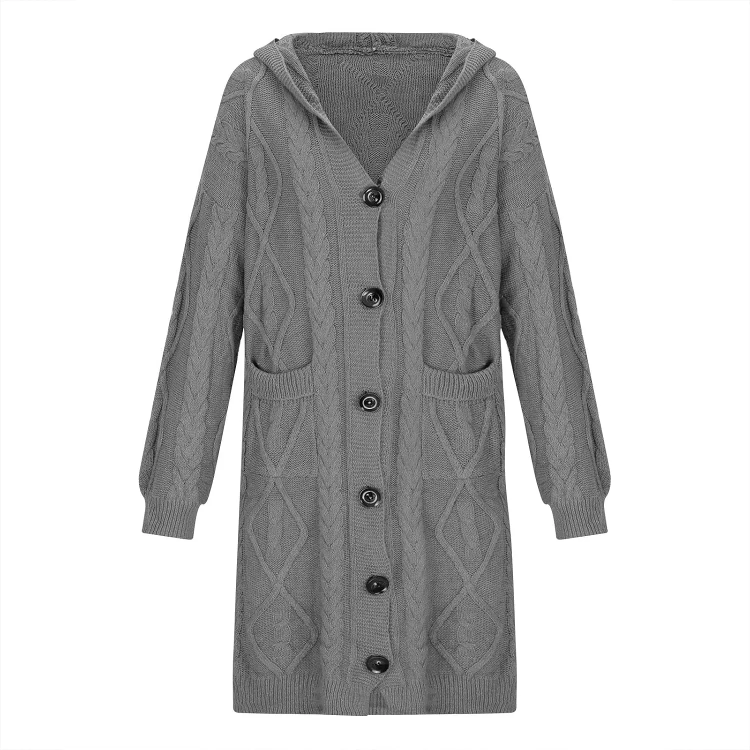 Hooded Cardigan Sweater for Women Fall Winter Cable Knit Sweater Coat Button Down Chunky Long Coats with Pocket