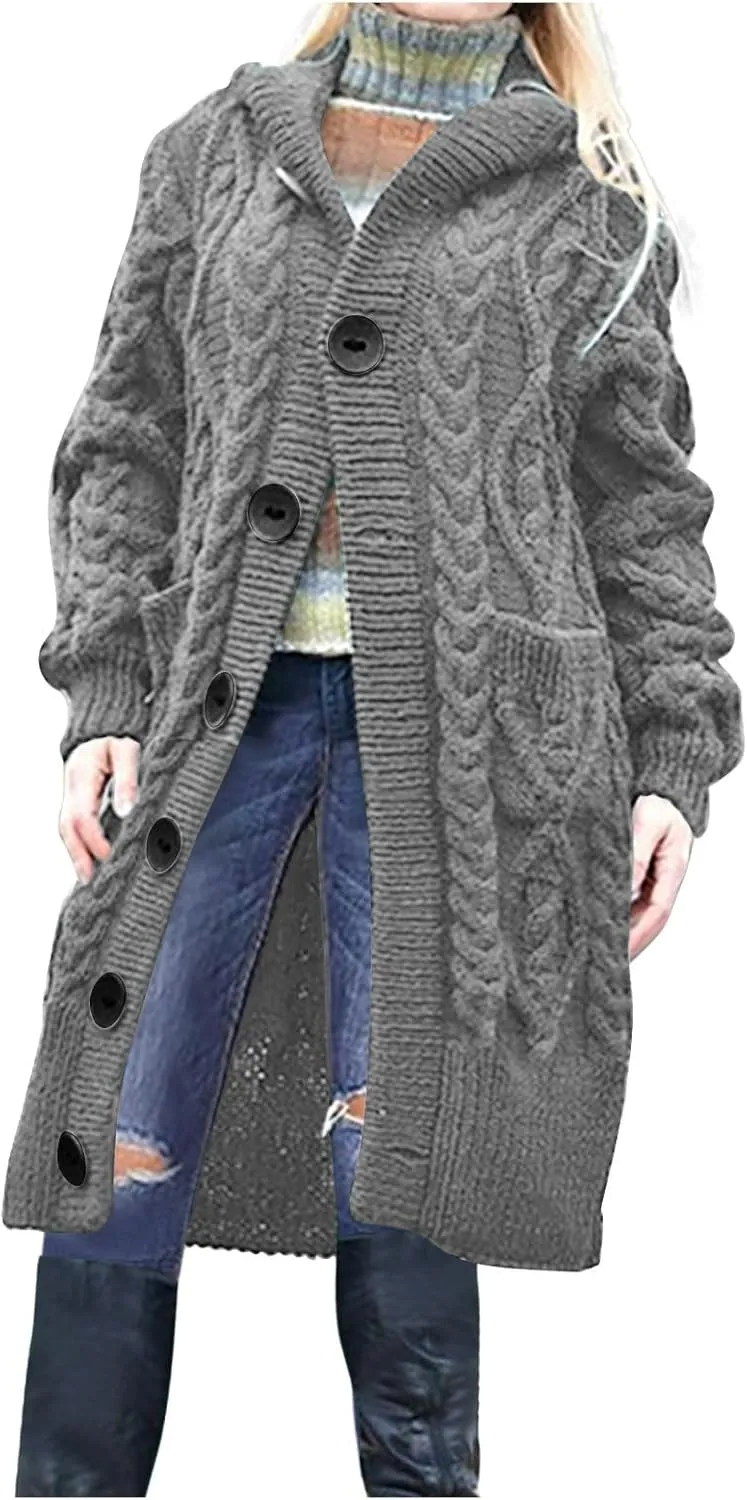 Hooded Cardigan Sweater for Women Fall Winter Cable Knit Sweater Coat Button Down Chunky Long Coats with Pocket