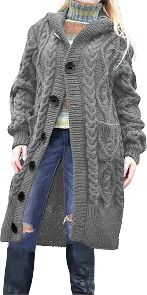 Hooded Cardigan Sweater for Women Fall Winter Cable Knit Sweater Coat Button Down Chunky Long Coats with Pocket