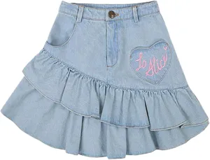 Hot Girl Light Blue Women's Ruffle Denim Skirt,Low Rise Y2K Gothic,Harajuku Embroidery Mini Pleated Skirts