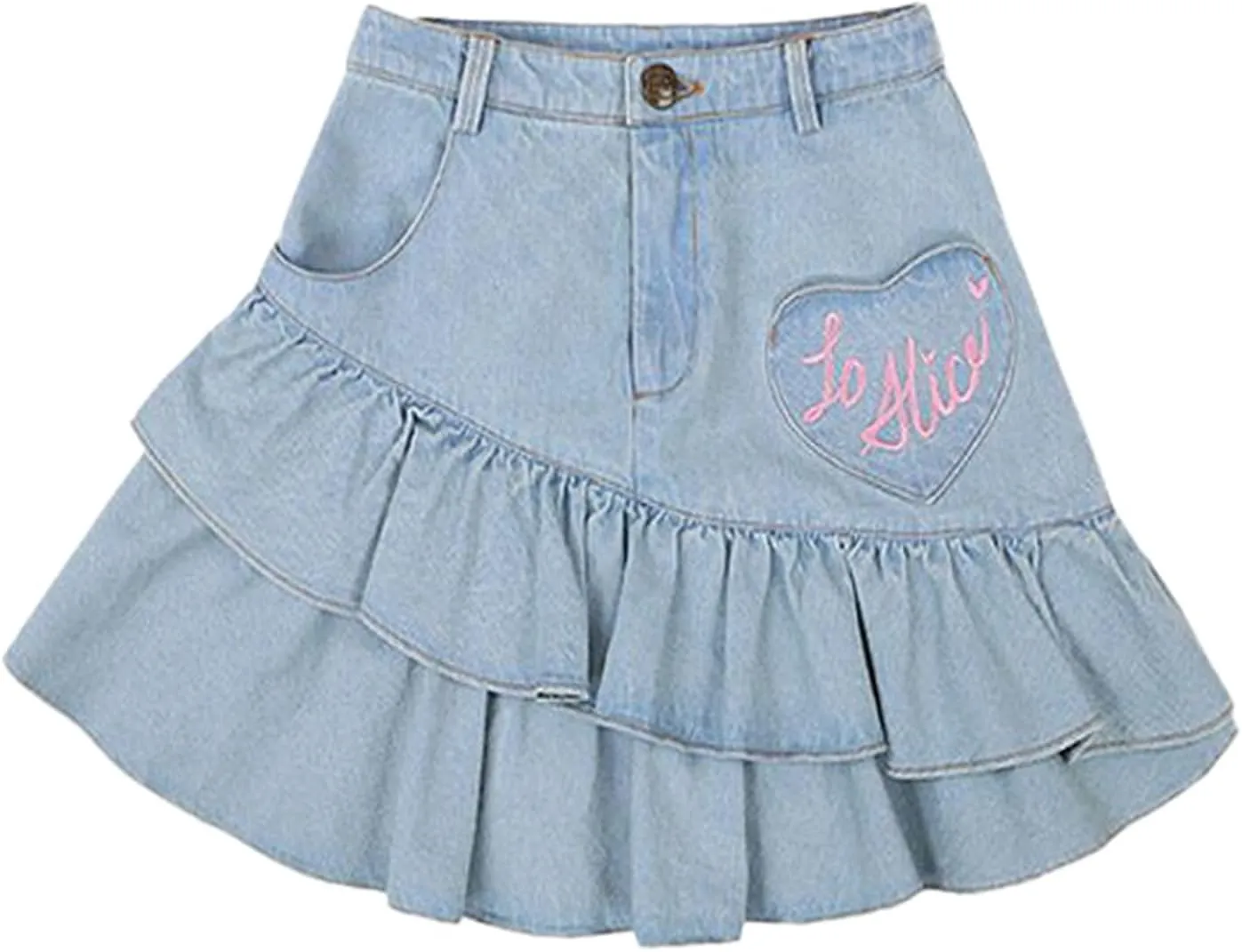 Hot Girl Light Blue Women's Ruffle Denim Skirt,Low Rise Y2K Gothic,Harajuku Embroidery Mini Pleated Skirts
