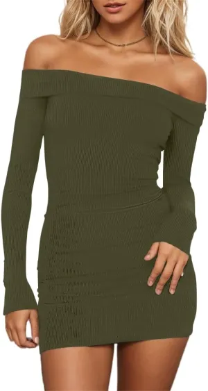 HYPERFIRE Women's Sexy Elegant Off The Shoulder Ribbed Long Sleeve Dress Party Mini Dresses