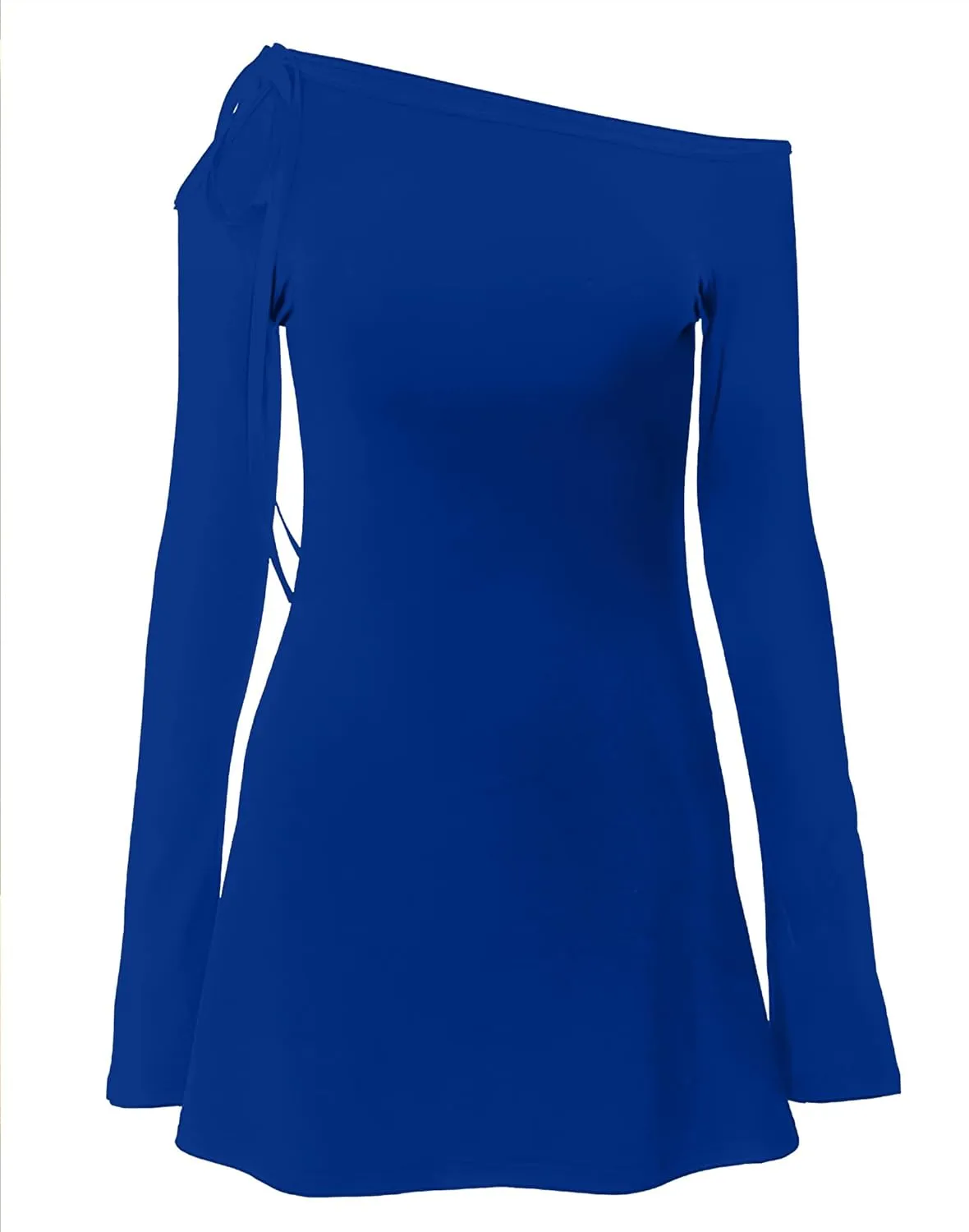 HYPERFIRE Women's Shoulder Tie Long Sleeve Asymmetrical Dress Boat Neck Cocktail Mini Dresses