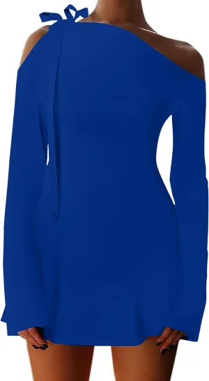 HYPERFIRE Women's Shoulder Tie Long Sleeve Asymmetrical Dress Boat Neck Cocktail Mini Dresses