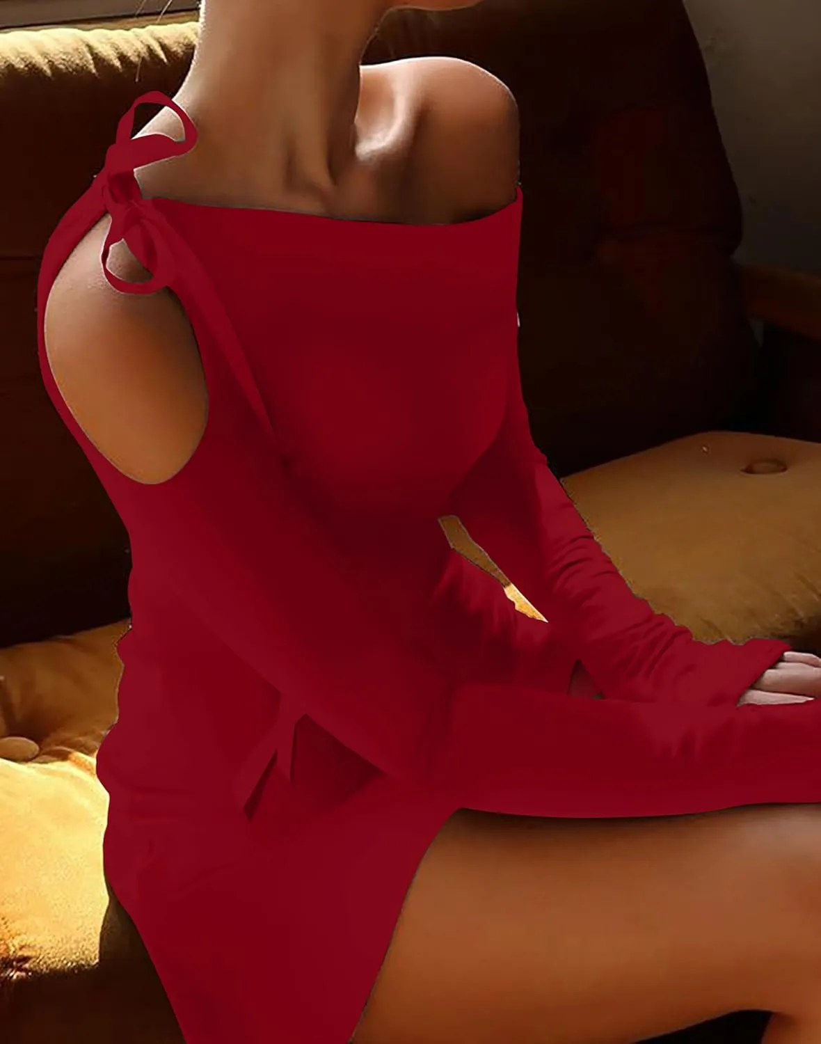 HYPERFIRE Women's Shoulder Tie Long Sleeve Asymmetrical Dress Boat Neck Cocktail Mini Dresses