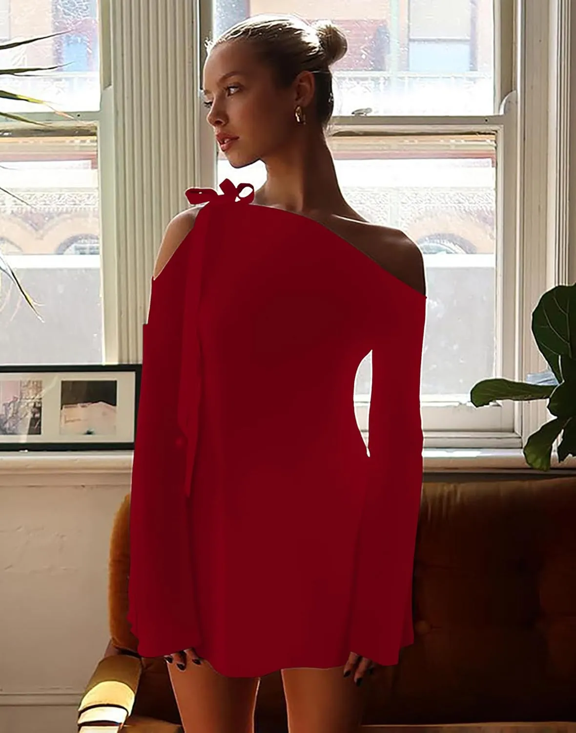 HYPERFIRE Women's Shoulder Tie Long Sleeve Asymmetrical Dress Boat Neck Cocktail Mini Dresses