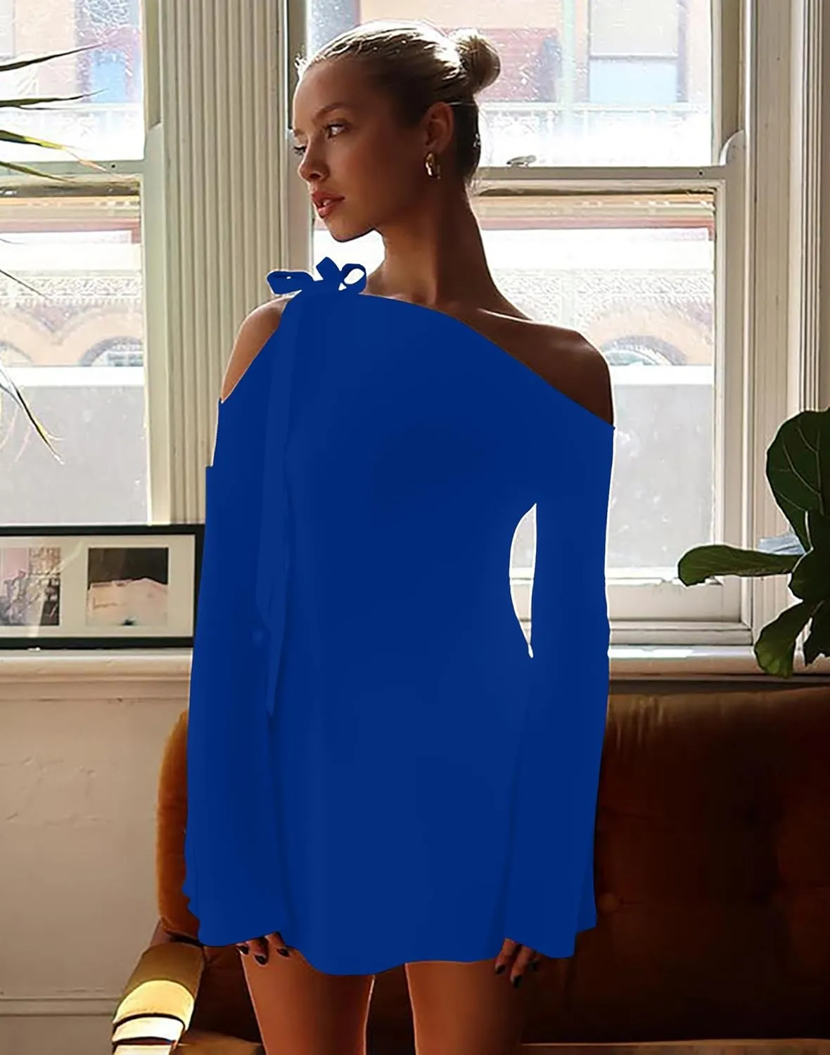 HYPERFIRE Women's Shoulder Tie Long Sleeve Asymmetrical Dress Boat Neck Cocktail Mini Dresses
