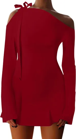 HYPERFIRE Women's Shoulder Tie Long Sleeve Asymmetrical Dress Boat Neck Cocktail Mini Dresses